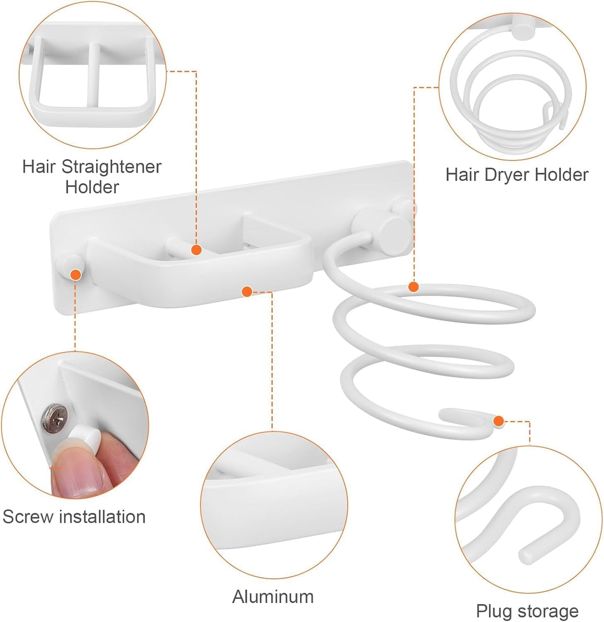 YUET Hair Dryer Holder Hairdryer Straightener Station Wall Mounted Metal Spiral Shelf Bracket Stand Hanger Organizer Blow Storage With Cable Tidy Rack For Dressing Table Bathroom Professional (White)