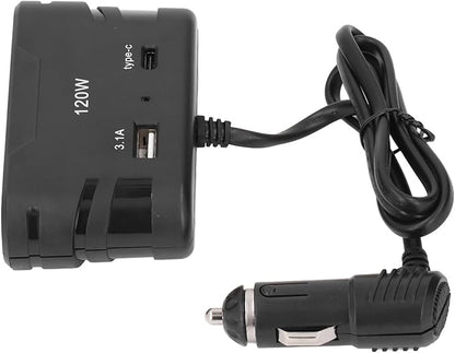 Pilipane Cigarette Lighter Plug Splitter Adapter 1 to 3 Multi Port Power Plug Car Charger with USB and Type C 12V 24V 120W for Car Refrigerators Cameras Mobile Phones ABS Material