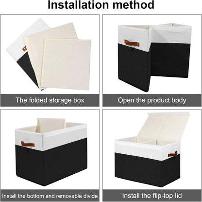 Large Toy Storage Box with Lid, Sturdy Toys Storage Chest Bin Organizer Basket with Dividers for Kids, Boys, Girls, Nursery, Closet, Bedroom, Playroom 25"x13" x16" (Black and White)