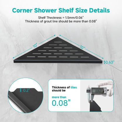 10 Inch No Drilling Corner Shower Shelf Matte Black– 2-Pack Wall Mounted Bathroom Shelves for Inside Shower, Triangular Recessed Shower Caddy, Stainless Steel Shower Organizer for Tiled Walls