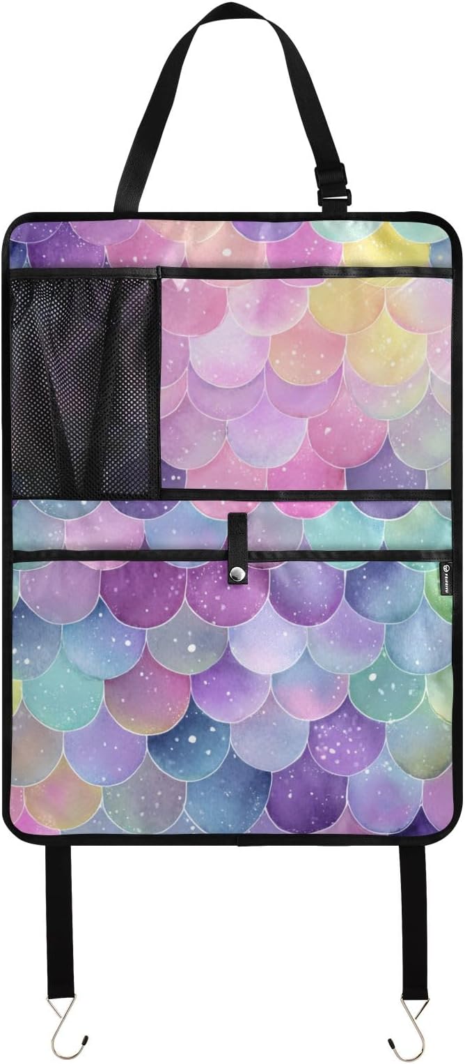 1 Pack Back Seat Car Organizer with Storage Pockets Kick Mats Back Seat Protector Hanging Car Organizer Automotive Seat Back Cover Organizers Watercolor Mermaid Scales Colors