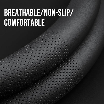 Carodi Leather car Steering Wheel Cover, Ultra-Thin, Comfortable, Non-Slip, Breathable, Universal 15 inches (Black)