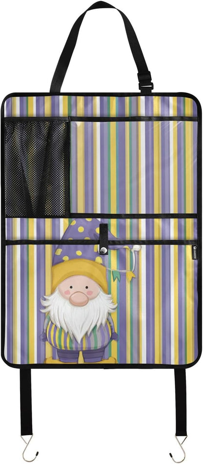 1 Pack Back Seat Car Organizer with Storage Pockets Kick Mats Back Seat Protector Hanging Car Organizer Automotive Seat Back Cover Organizers Stripe Mardi Gras Gnome