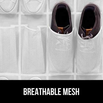 GORILLA GRIP Over the Door Shoe Organizer, 35 Large Breathable Mesh Pockets, Space Saving Hanging Storage Holder, 5 Hook Closet Rack Hanger, Hangs on Closets for Shoes, Accessories 68.5H x 24.5W White
