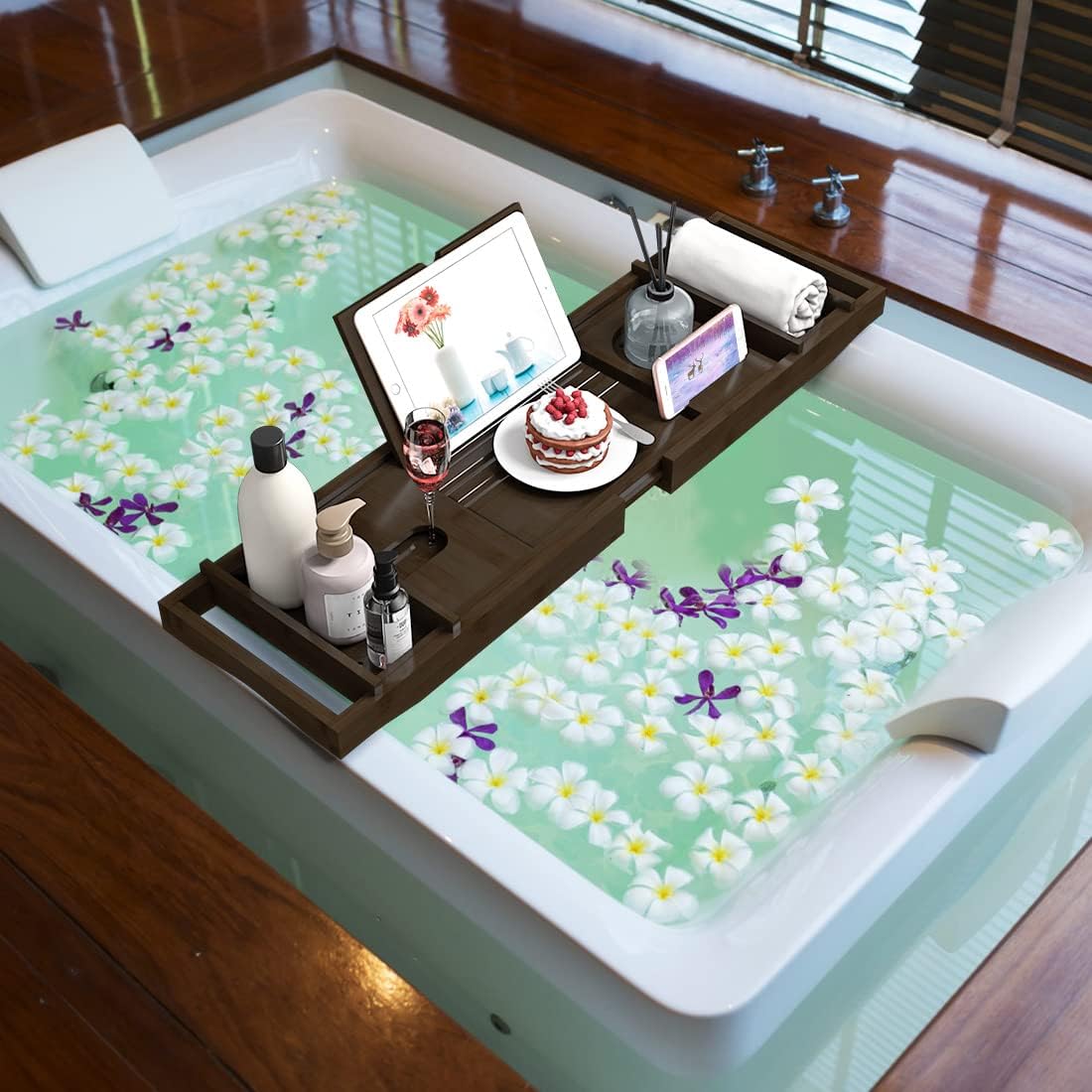 Bamboo Bathtub Tray for Luxury Bathroom, Expandable Premium Bath Tray w/Soap Towel Book Holder, Adjustable Bath Accessories for Tub,Extendable Tub Tray w/Wine Glass Cup Organizer 29.5-43.3" Espresso