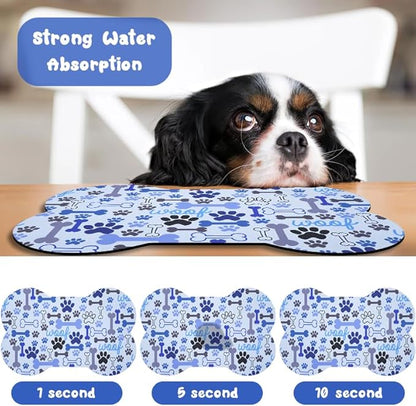 Dog Food Mats for Floors Waterproof, Pet Feeding Absorbent Water Bowl Mat Cat Placemats Blue Bone Shape 23.6 * 15.7 inch