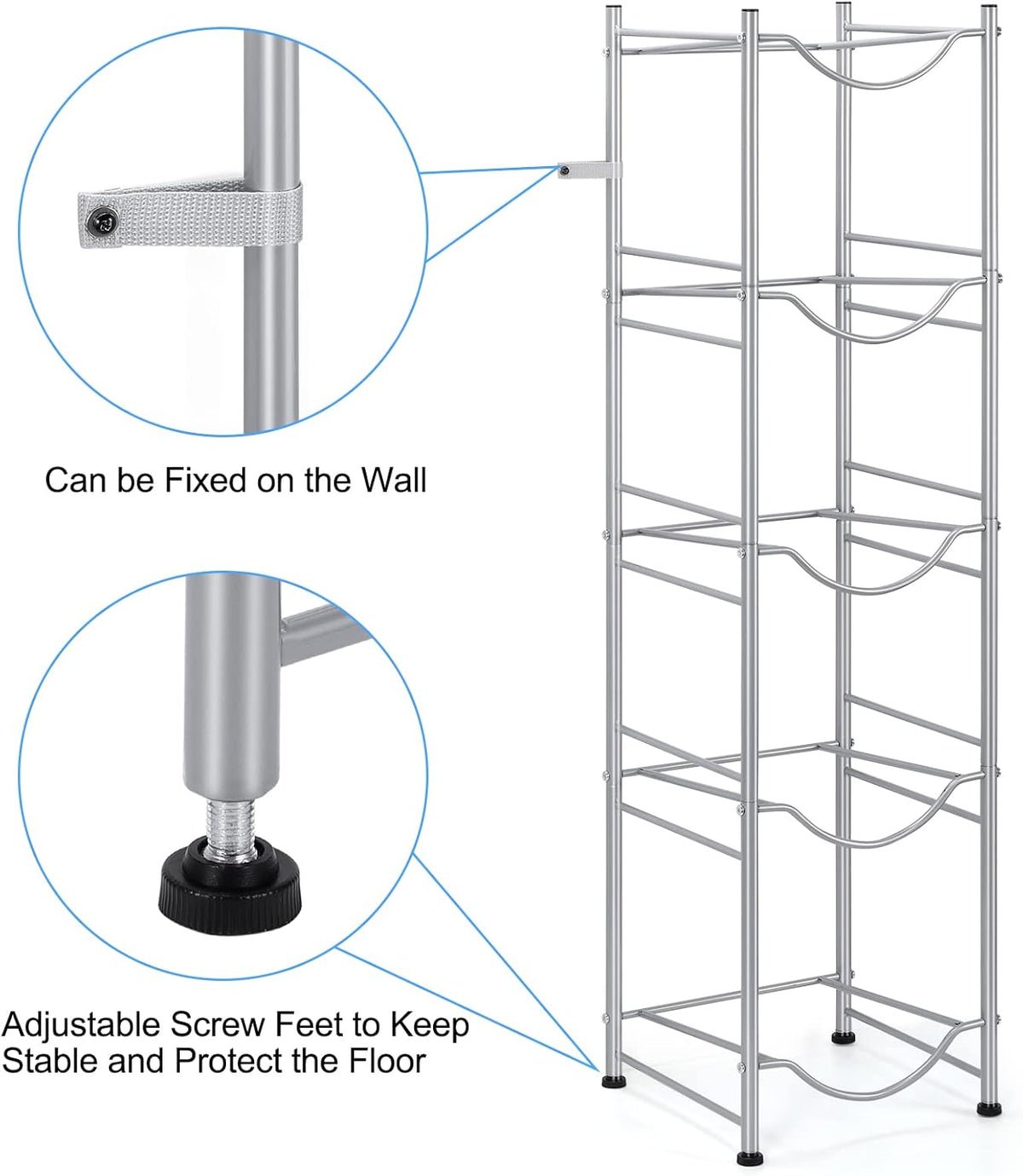 smusei 5 Gallon Water Bottle Holder 5 Tier Detachable Water Cooler Jug Holder, Heavy Duty Water Jug Stand Storage Rack for Home Office Kitchen, Silver