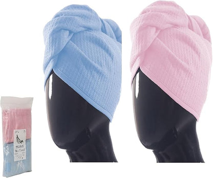 SELARUS 100% Turkish Cotton Hair Towel Wrap for Women,Non Microfiber,Super Absorbent,AntiFrizz,Plopping Hair Drying Waffle Bath Towels for Curly,Long&Thick Hairs,Head Wrap,2 Pack10x26inc (Pink+Blue)