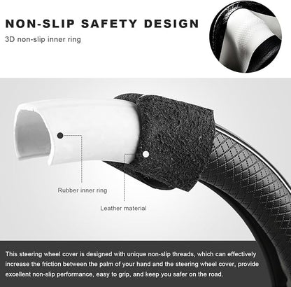 Car Steering Wheel Cover, 15 Inch Anti-Slip Breathable Leather Auto Steering Wheel Protector, Full Surround Soft Steering Wheel Cover for Men Women, Car Interior Accessories (Black & White)
