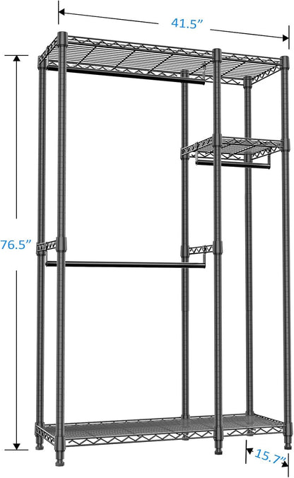 IZEUK 2 Combination Heavy Duty Garment Rack Wire Clothes Rack for Hanging Clothes, Metal Freestanding Closet Wardrobe Rack with 3 Rods Black 15.7" D x 43.3" W x 76.5" H