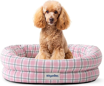bilypaws Orthopedic Dog Bed for Medium Size Dogs, Pet Sofa Bed with Egg Crate Foam, 4-Sided Bolster, Removable Washable Cover & Anti-Slip Bottom, Medium Pink Plaid