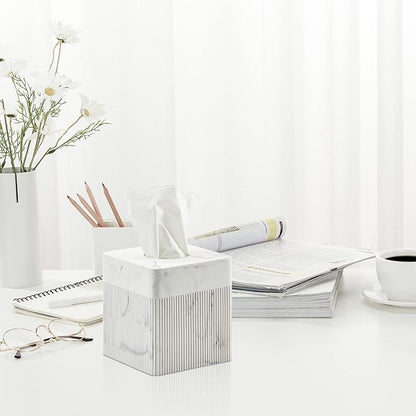 White Tissue Box Cover Square Resin Tissue Holder for Home Decor, Hand Poured Marble Ribbed Cube Tissue Box Holder – 5.5 Inch Heavy Duty Luxury Tissue Box Case for Bathroom, Living Room, Office