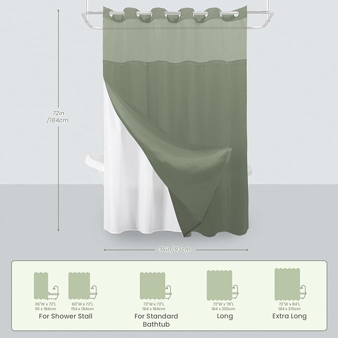 Inhousolu Stall No Hook Shower Curtain with Snap in Fabric Liner Set Waffle Weave 230GSM Weighted Hem, Waterproof & Washable Bathroom Curtain Spa Luxury with Mesh Top Window 36" W x 72" L Sage Green