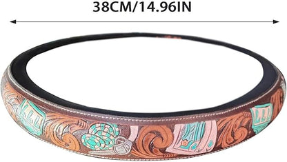 Steering Wheel Cover Western Car Tooled Leather Retro Cowboy Car & Truck Accessory, Universal 15 Inch Non Slip Wheel Cover for SUV, Pickup, Comfortable Grip, Easy to Install (Sky Blue)