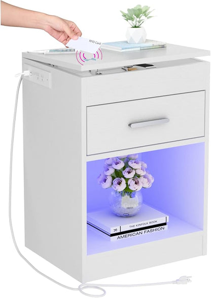 Auromie Nightstand with Charging Station and LED Lights, Concealment Furniture