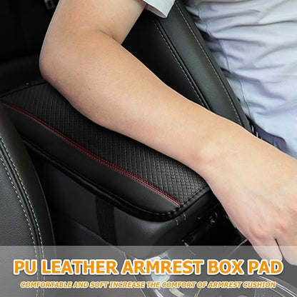 Car Armrest Seat Box Cover, Comfortable Leather Automotive Center Console Cushion Pad, Soft Waterproof Vehicle Arm Rest Protector Mat Accessories, Universal for RV, SUV, Truck (Black/Red)