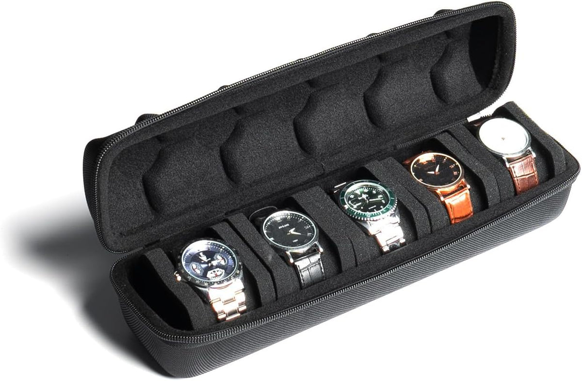 Hard Watch Travel Case, 5 slot Watch Roll Case Storage and Organizer for Men and Women, with anti-move watch pillow
