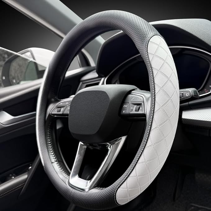 LKWLIKEI Nappa Leather Steering Wheel Cover, Elegant Diamond Checkered Design, Non-Slip wear-Resistant, Enhance Driving Comfort, Suitable for Steering Wheel Diameter 14 1/2‘-15’ Models.Black White