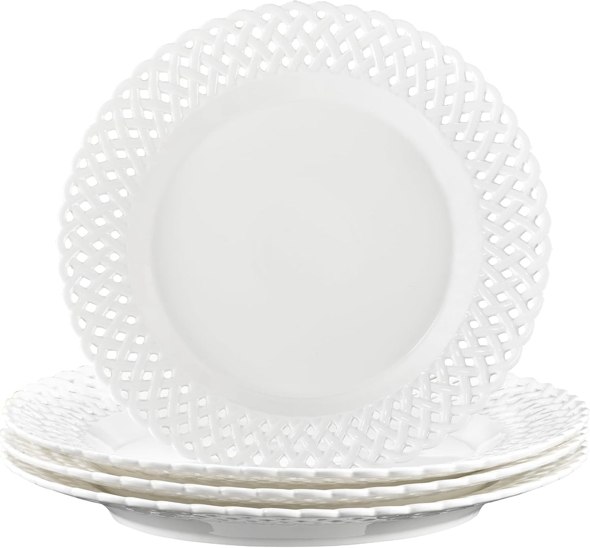Large White Dinner Plates 12 inch, Ceramic Dinner Plates Set of 4, Basketweave Wide Rim Stackable Hotel Value Round Coupe Shape for Restaurant, Kitchen, Party, Home, Gifts, Microwave Dishwasher Safe