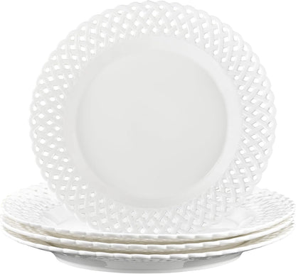Large White Dinner Plates 12 inch, Ceramic Dinner Plates Set of 4, Basketweave Wide Rim Stackable Hotel Value Round Coupe Shape for Restaurant, Kitchen, Party, Home, Gifts, Microwave Dishwasher Safe