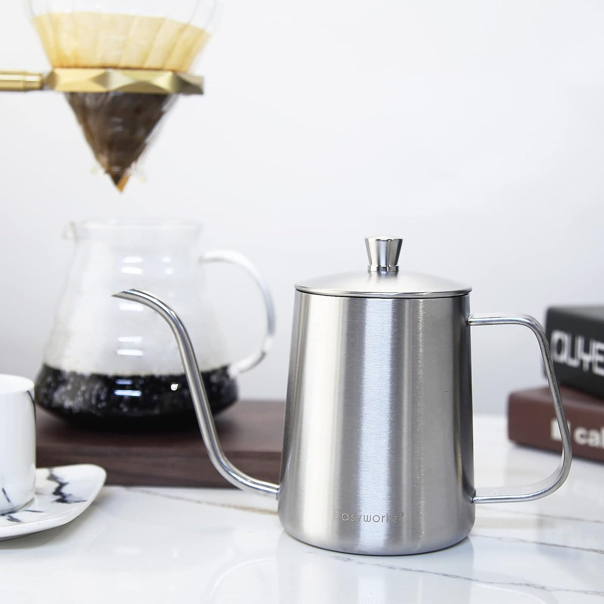 Easyworkz Gage Gooseneck Pour Over Coffee Kettle 12 oz Stainless Steel Hand Drip Long Narrow Spout, Silver