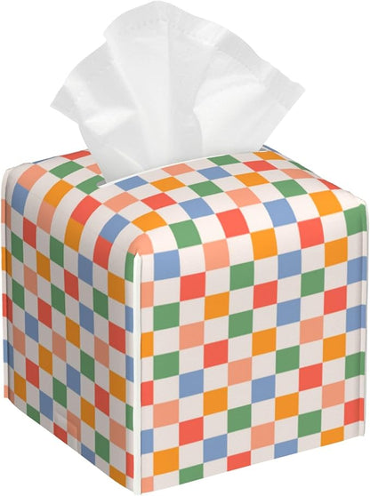 Retro Leather Tissue Box Holder Colorful Checkerboard Tissue Box Cover Facial Paper Case Organizer Cube Napkin Dispenser for Bathroom Vanity Countertop Night Stand Office Car