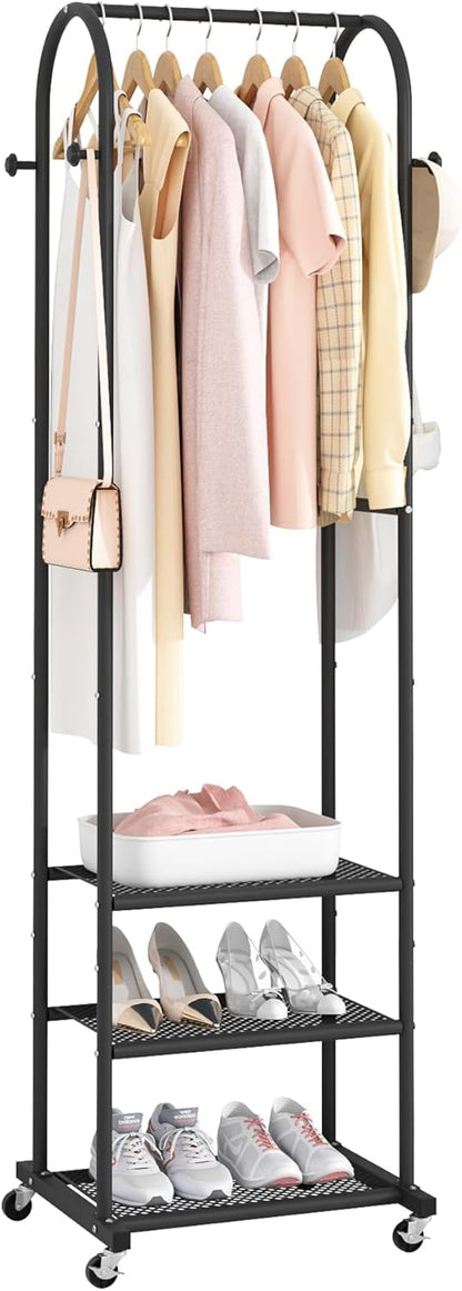 Heavy Duty Clothing Rack with Wheels,Modern Garment Rack with 3 Metal Shelves, 71.8Inches Display Rack for Hanging Clothes, Hanging Rod for Small Space,Black