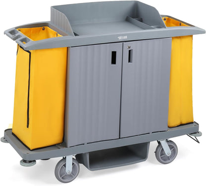 266LBS Premium Hotel & Housekeeping Cart with Door on Wheels, Multifunctional Commercial Cleaning Cart with Large Capacity Vingyl Bags, Comfor Grip Handles and Easy Move Casters, Gray