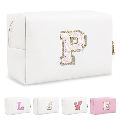 Small Initial Patch Makeup Bag Personalized Gifts Make Up Bag,White Cute PU Leather Glitter Letter Cosmetic Bag with Zipper,Trendy Portable Travel Toiletry Pouch,Preppy Stuff for Teen Girls Women P