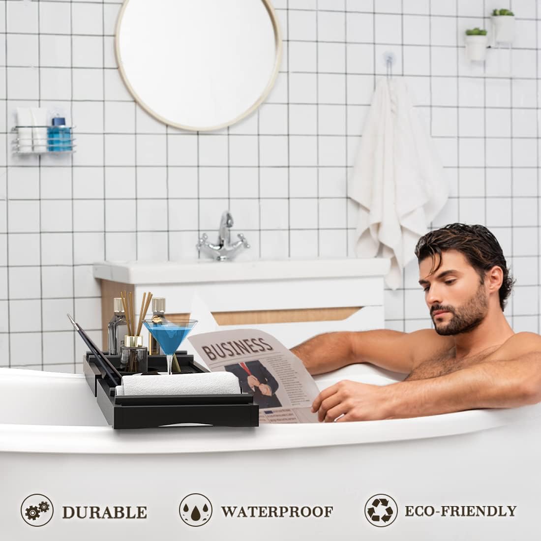 Bath Caddy Tray for Bathtub - Bamboo Adjustable Organizer Tray for Bathroom with Free Soap Dish Suitable for Luxury Spa or Reading(Black)