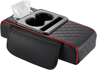 Car Center Console Cover for Hyundai Tucson 2021-2024, Leather Armrest Cushion Protector Pad with Tissue Box Holder Storage Pockets Cup Holder Phone Slot, B/Black-red