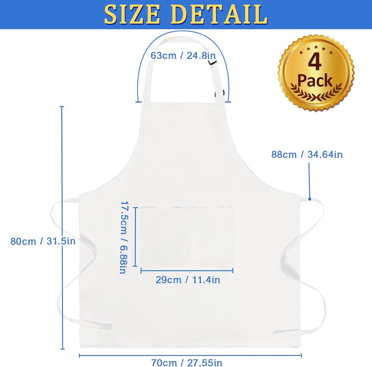 4 Pack Chef Apron, Adjustable Apron with 2 Pockets, Unisex Personalised Apron for Cooking, Kitchen, Restaurant