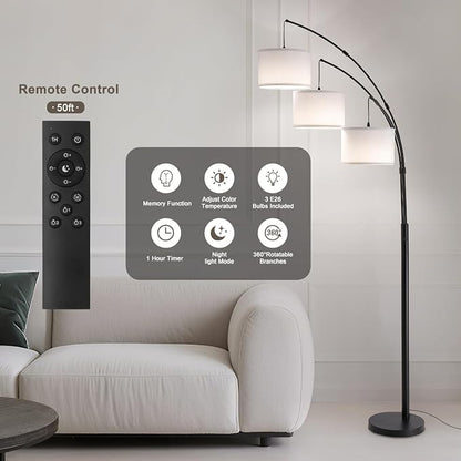 Fansdrick Floor lamp with Remote, 3 Light Arc Floor Lamps
