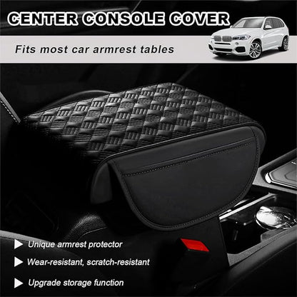 Car Center Console Cover, 12.6"×8.7" Waterproof Leather Auto Armrest Box Protector Elbow Pillow with Storage Pocket, Comfortable Memory Foam Arm Rest Box Cushion Pad, Car Accessories (Black)
