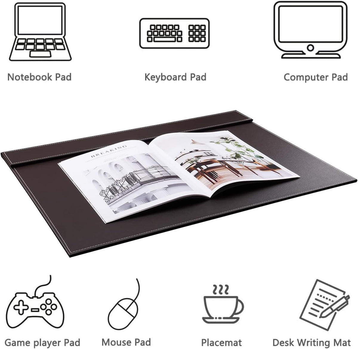 KINGFOM Ultra-Smooth PU Leather Desk Pad & Mat Office Desk Drawing & Writing Board A3/ A4 File Paper Clip Table Protector Mat on Top Large 24''x18'' (Brown)