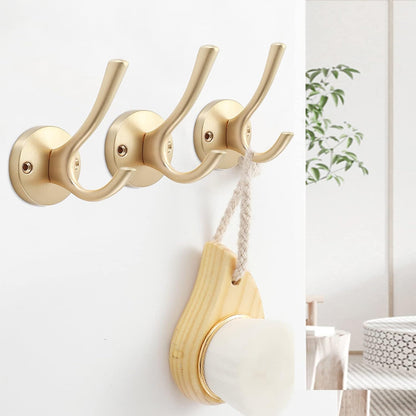Gold Coat Hooks for Wall, 3 Pack Towel Hook Heavy Duty Metal Double Bath Robe Hook Wall Mount, Hat Hooks for Cubicle Bathroom Kitchen Closet Garage