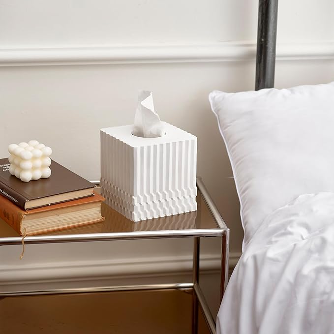 White Tissue Box Cover Square, Tissue Box Holder for Bathroom Countertop,Vanity, Tabletop, Bedroom Night Stand,Office and Living Room Decorative - Modern Geometric Striped Tissue Paper Dispenser