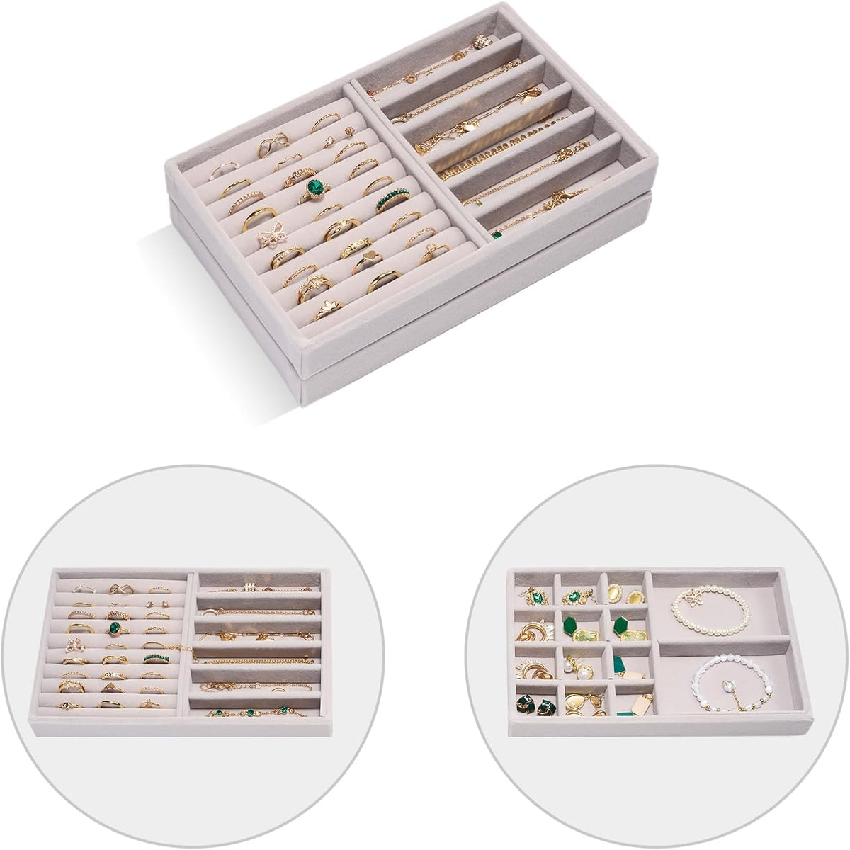 ProCase Stackable Jewelry Organizer Trays for Drawers, Jewelry Drawer Inserts Container Display Case Storage for Earring Necklace Rings Bracelet with Removable Dividers -Grey, 2 Layers