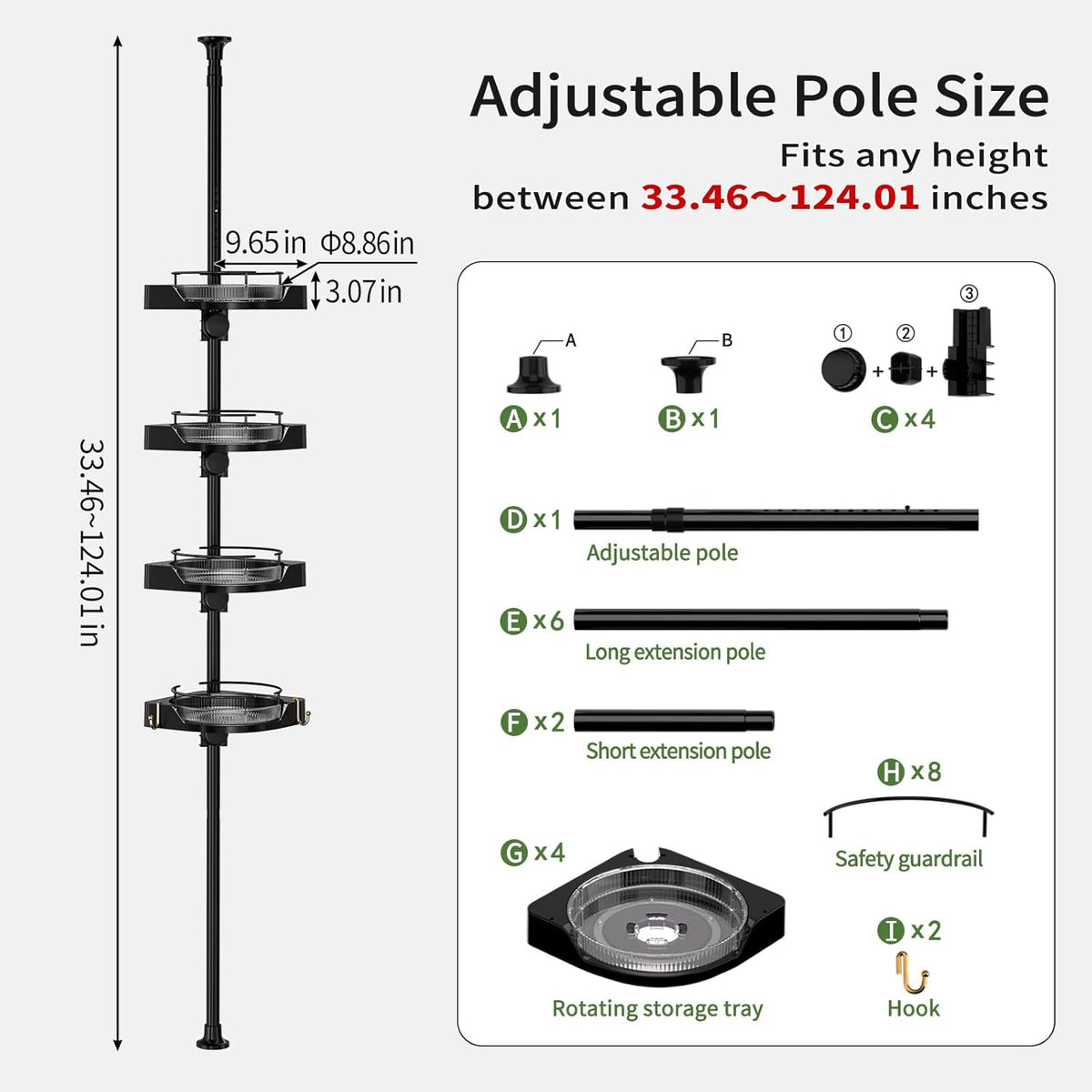360° Rotating Corner Shower Caddy Tension Pole Organizer - 4-Tier Adjustable Rustproof Metal Pole, Plastic Shelves with Safety Guardrail, Bathroom Storage for Shower & Bathtub(Black)