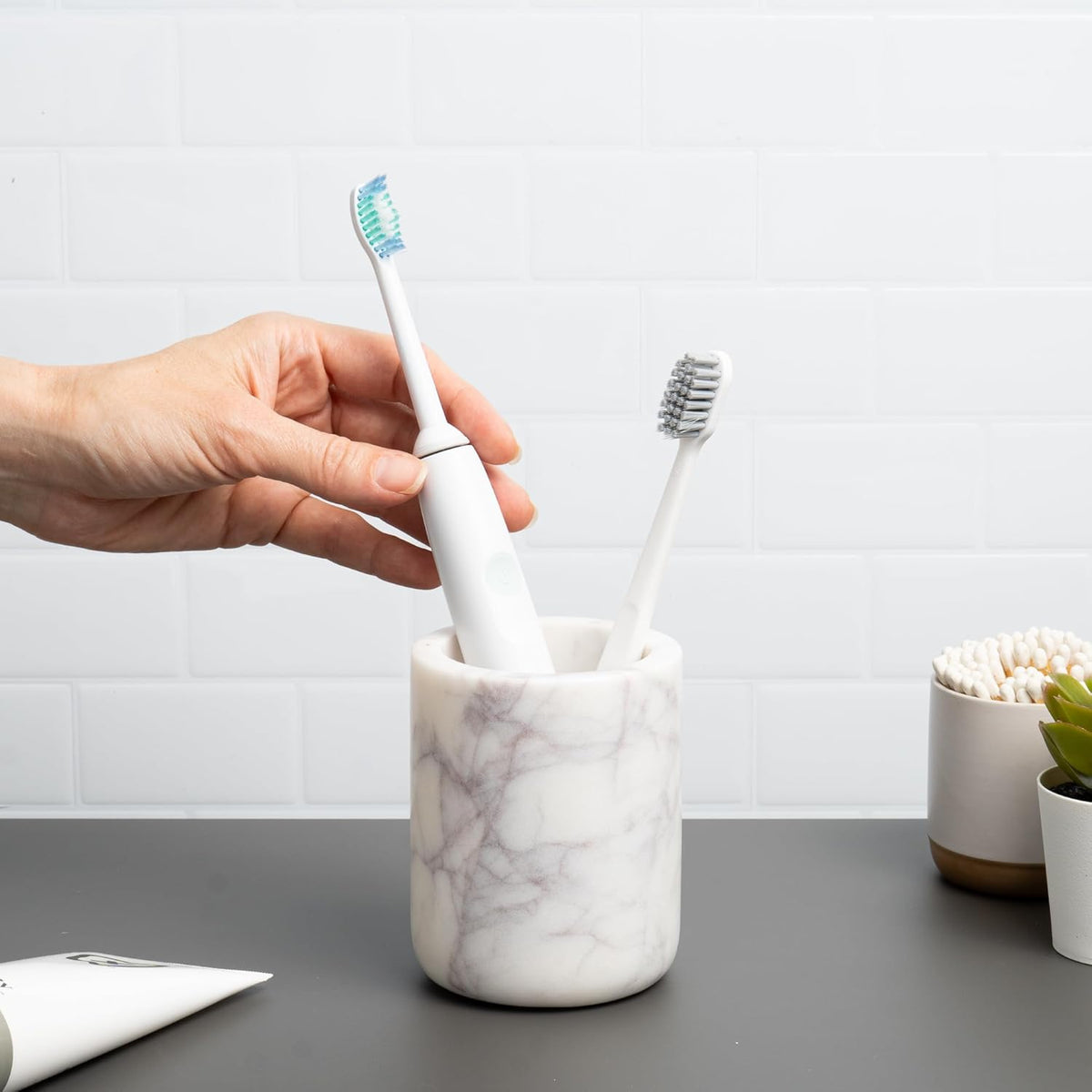 Cork & Mill Marble Toothbrush Holder Cup for Bathroom, Real White Marble Stone Bathroom Accessory, Aesthetic Decorative Countertop Organizer for Tooth Brush & Toothpaste