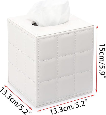 Sumnacon Square Leather Tissue Box Cover - Stylish Cube Tissue Box Holder with Magnetic Bottom, Decorative PU Tissue Box for Vanity Dresser Night Stand Table Countertop Home Office Car, Grid White