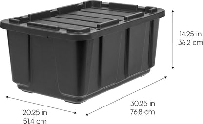IRIS USA 27 Gallon Heavy Duty Truck Bed Toolbox Storage Tote Bins with Lids, 4 Pack - Made in USA, Tough Snap On Lockable Lid Stackable Industrial Tubs, Garage Organization Reusable Box - Black