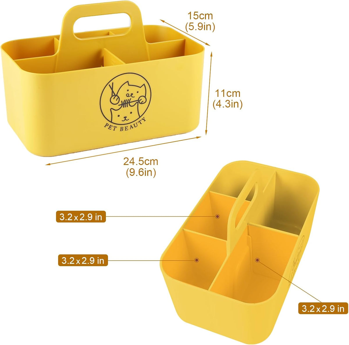 Dog Storage Organizer for Grooming Supplies,Portable Caddy Organizer for Pet Stuff,Divided Storage Bin for Dog Cat Grooming Kit,Dog Stuff Organizer with Handle for Shampoo,Clipper,Comb-Yeloow