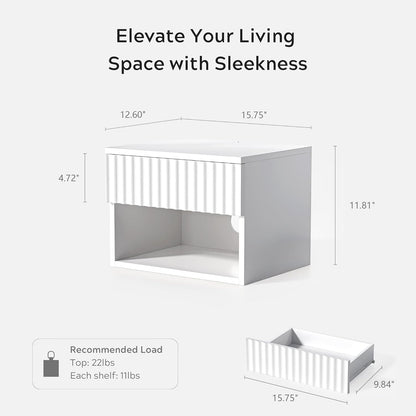Fluted Floating Nightstand Set of 2 with Drawer, Modern Night Stand with Fluted Door and Open Storage Shelf Wall Mounted Bedside Table for Bedroom, Entryway White