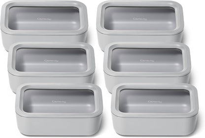 Caraway 6pc Glass Food Storage Set – 6.6 Cup Food Containers (6) - Ceramic Coated - Non Toxic, Non Stick with Lids - Microwave Safe - Gray