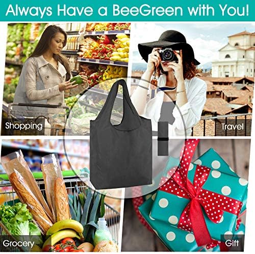 BeeGreen Black Reusable Grocery Bags Wholesale Dark Reusable Kitchen Bags Bulk Foldable-Machine Washable with Zipper Storage Pouch 50 Packs