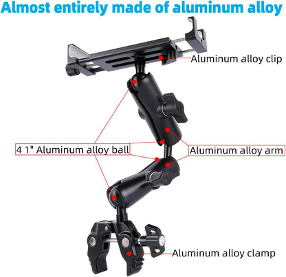 Aluminum Dual Arm Tablet Mount with Super Clamp for Rails 0.5'' to 2'' in Diameter, Side Mount Tablet Holder for Mic Stand, Compatible with iPad Pro 12.9 Air Mini, Galaxy Tab, 4.7-12.9" Tablets