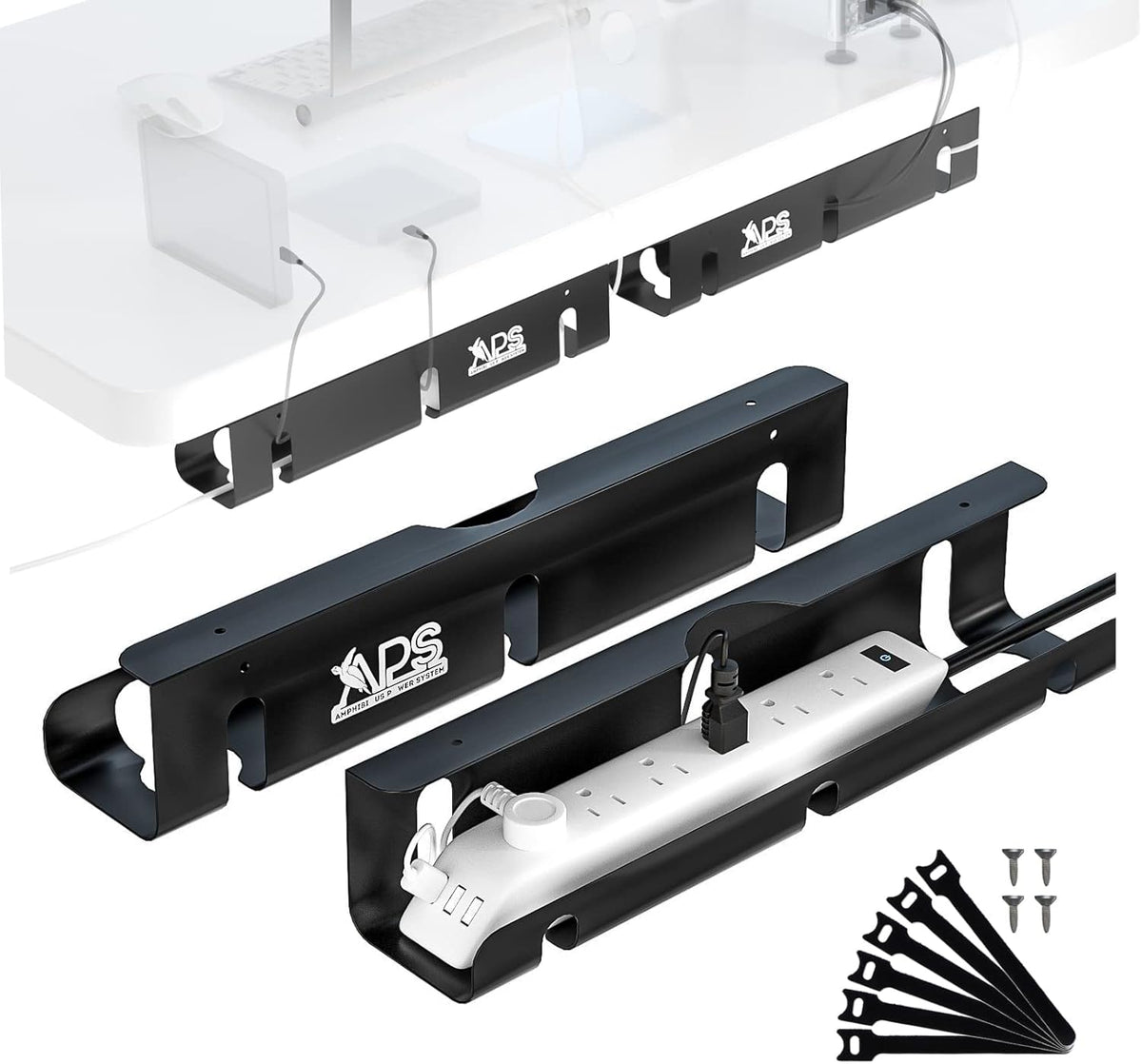 APS Under Desk Cable Management Tray, Two-Pack 16 Inch Black Metal Cord Organizer, Adhesive or Screw Mount for Glass/Marble/Office/Gaming Desk