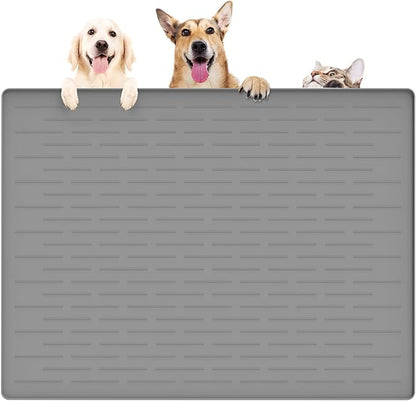 39.4"x29.5" Large Pet Food Mat, Silicone Dog Mats for Food and Water, Nonslip Pet Feeding Mats for Floors,Dog Cat Bowl Mat with Raised Edges, Light Gray