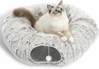 AUOON Plush Cat Tunnel Bed for Indoor Cats, 36" L x 36" W x 11.5" H, Khaki | 2 in-1 Interactive Cat Toy, with Hanging Ball Toy, Machine Washable Center Pad, for Kitten Puppy Rabbit Ferret